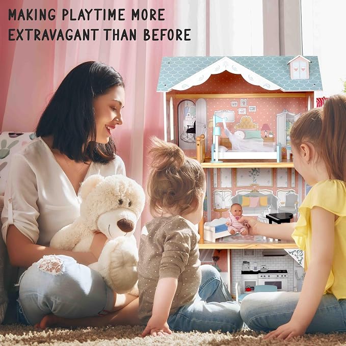 Lil' Jumbl Kids Wooden Dollhouse with Elevator, Balcony & Stairs, Accessories & Furniture Included, 3 Story Easy to Assemble Blue Dollhouse Toy - X-Large