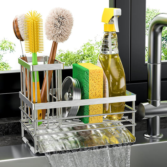 Cisily Sink Caddy Sponge Holder for Kitchen with Brush Holder and Stainless Steel Self Drain Tray, Rustproof Kitchen Sink Organizer for Sponge, Soap Dispenser Storage Accessories (Stainless Steel)