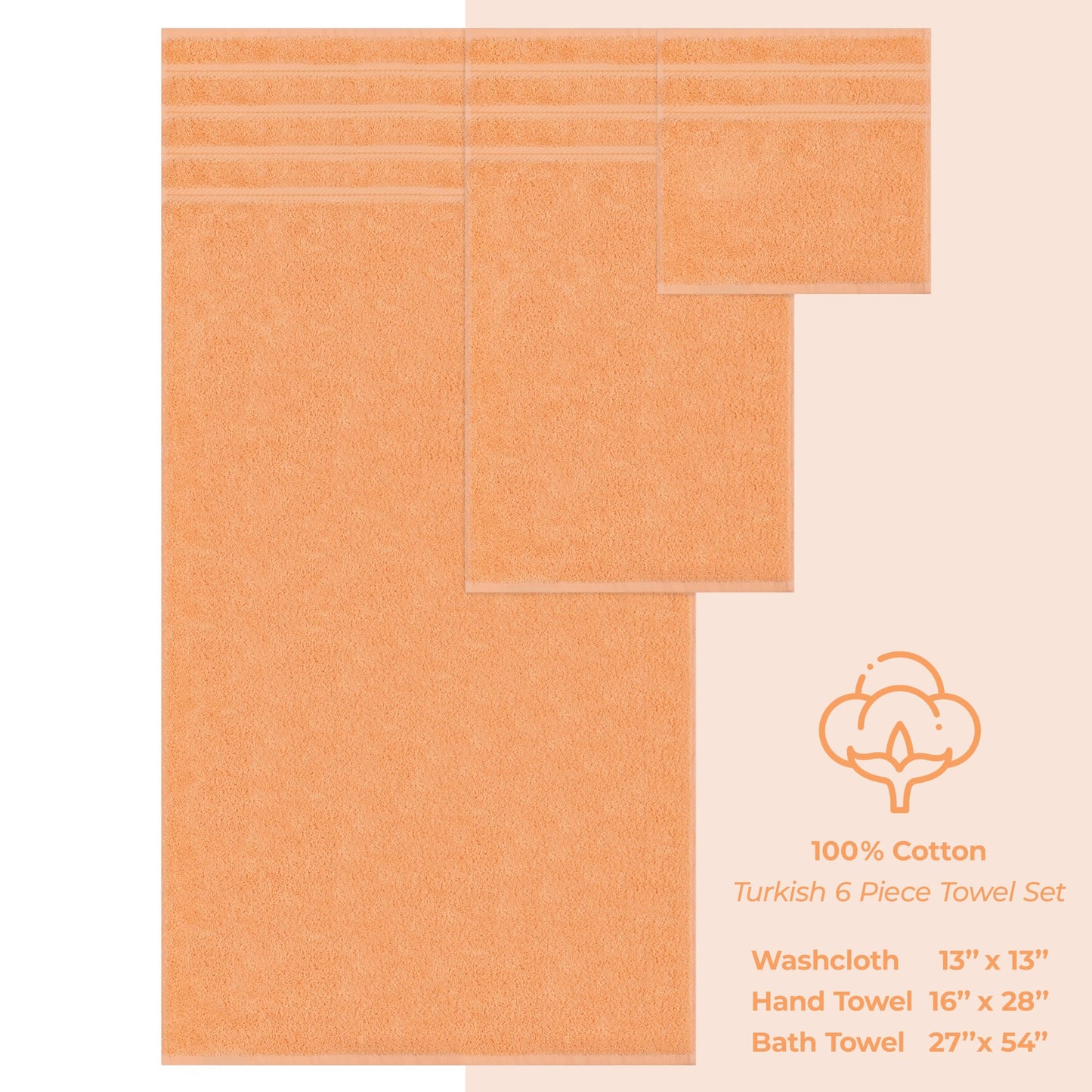 American Soft Linen Luxury 6 Piece Towel Set, 2 Bath Towels 2 Hand Towel 2 Washcloths, 600 GSM 100% Cotton Turkish Towels for Bathroom, Malibu Peach Towel Sets