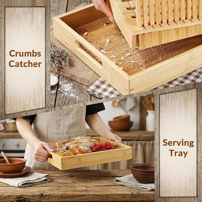 Stop Crushing Your Sourdough - 10.5" Extra Wide Bamboo Bread Slicer Guide with Crumb Catcher Board - Premium Wood Cutter & Serving Tray for Homemade Artisan Loaves, Kitchen Gadget Gifts for Bakers