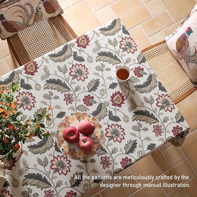 ISAENNE Designer Provence Floral Tablecloth Rectangular,Linen Colorful Washable Indoor Table Cloth,Durable Decor Tablecloths for Dining Thanksgiving Kitchen Christmas,55"*87"-Ratina