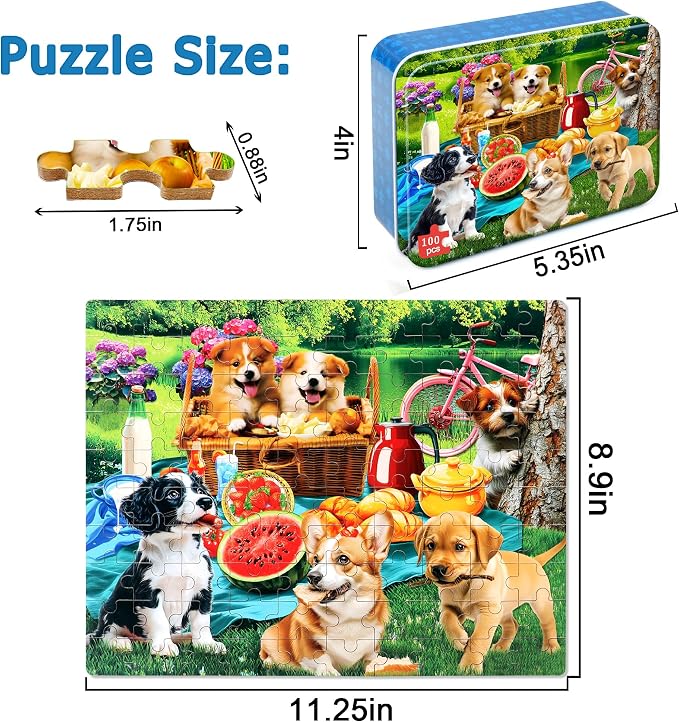 LELEMON Puzzles for Kids Ages 4-6,Dogs 100 Piece Puzzles for Kids Ages 4-8 in a Metal Box,Educational Jigsaw Puzzles 100 Piece Puzzle Games Puzzle Toys for Girls and Boys