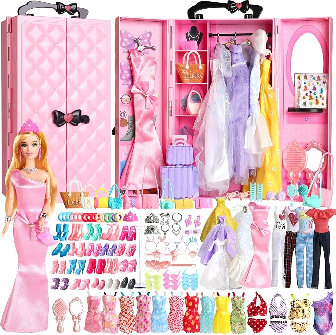 UCanaan 180 Pcs Doll Clothes and Accessories Set, Princess Gowns, Dresses, Tops, Pants, Shoes, Hangers, Fashion Doll Wardrobe, Ages 3+ Best Gitfs for Girls Christmas Birthday