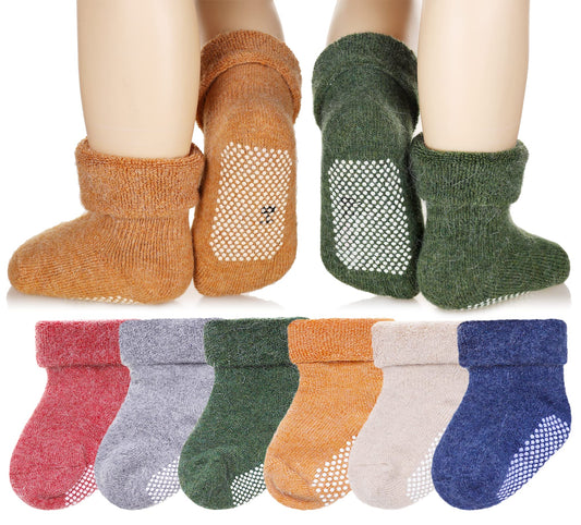 Eyean Baby Wool Grip Sock Soft Winter Warm Thick Non Slip Toddler Boy Girls Crew Socks For Children 6 Pairs (Solid Color, 1-3 Years)