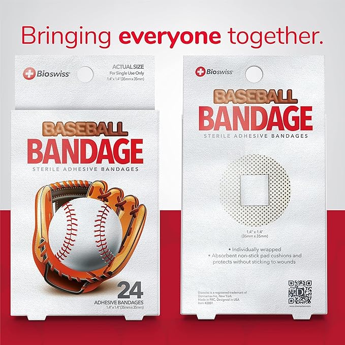 BioSwiss Bandages, Baseball Shaped Self Adhesive Bandage, Latex Free Sterile Wound Care, Fun First Aid Kit Supplies for Kids, 24 Count