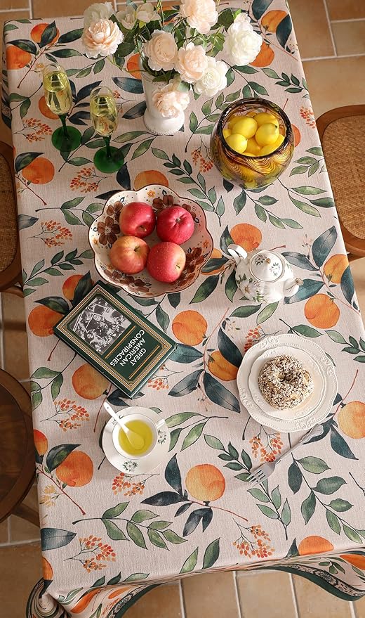 patdrea Designer Vintage Linen Rectangle Table Cloth,Framhouse Oranges and Leaves Pattern French Tablecloth,Fall Decor Cover for Kitchen Dining Christmas,Thanksgiving,63"x87"-Palladin a