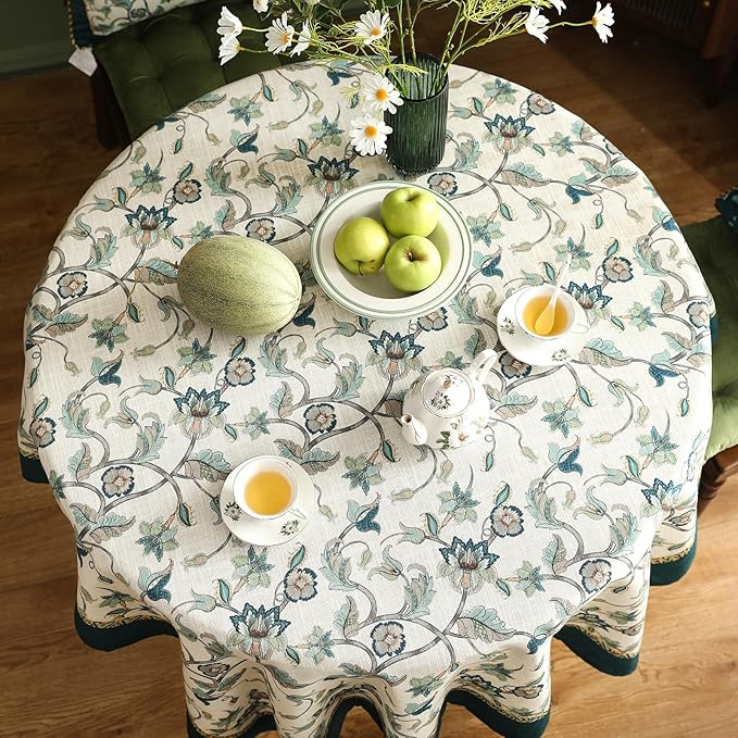 patdrea Designer Linen Vintage Round Table Cloth,Vintage Green Floral Pattern Durable Tablecloth,Table Cover Decor for Kitchen Dining,Parties,Christmas,Thanksgiving,Party,Diameter 55"-Noah