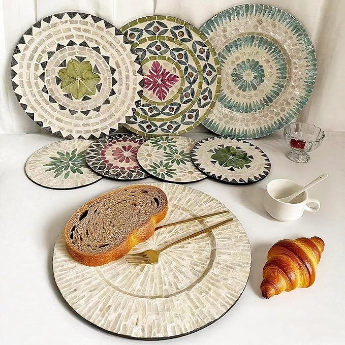 13 Inch Mother of Pearl Shell Placemat Plate – Large Round Decorative Heat for Table or Kitchen, Cabinet, Tabletop (Green Water Drop, 13 Inch)