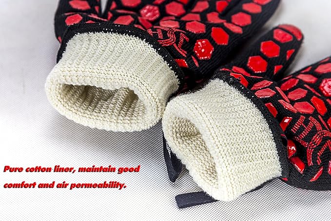 J H Heat Resistant Oven Glove:EN407 Certified 932 °F, 2 Layers Silicone Coating, Oven Mitts for Cooking, Kitchen, Fireplace,Camping, Grilling (Black/Red, Extra Long Cuff)