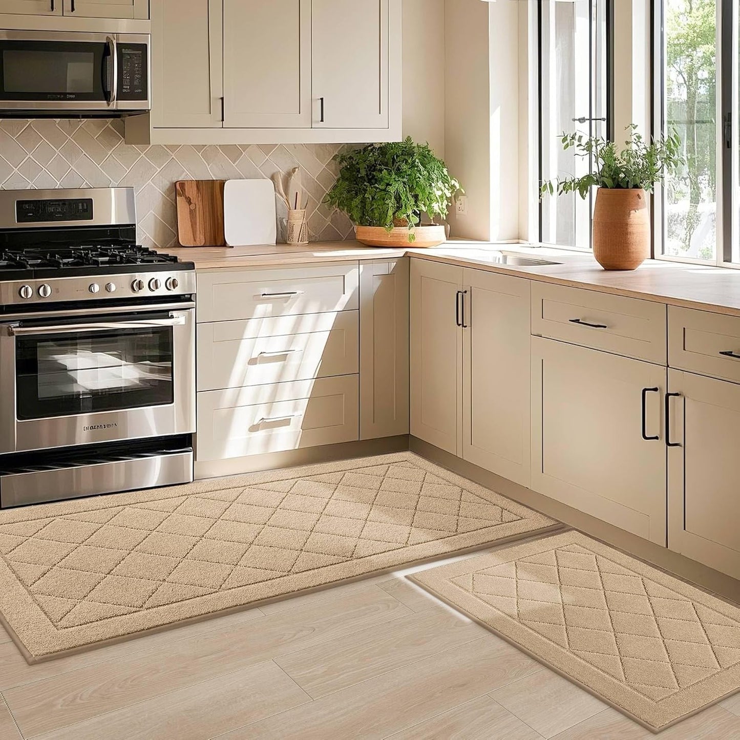 JSEI Non-Slip Kitchen Rugs, Self Adhesive No Sliding Kitchen Mats Set of 2, Soft Washable Absorbent Floor Mat for Kitchen, Bathroom, Laundry Room, Bedroom, 24”x36”+24”x60”, Beige, Diamond Pattern
