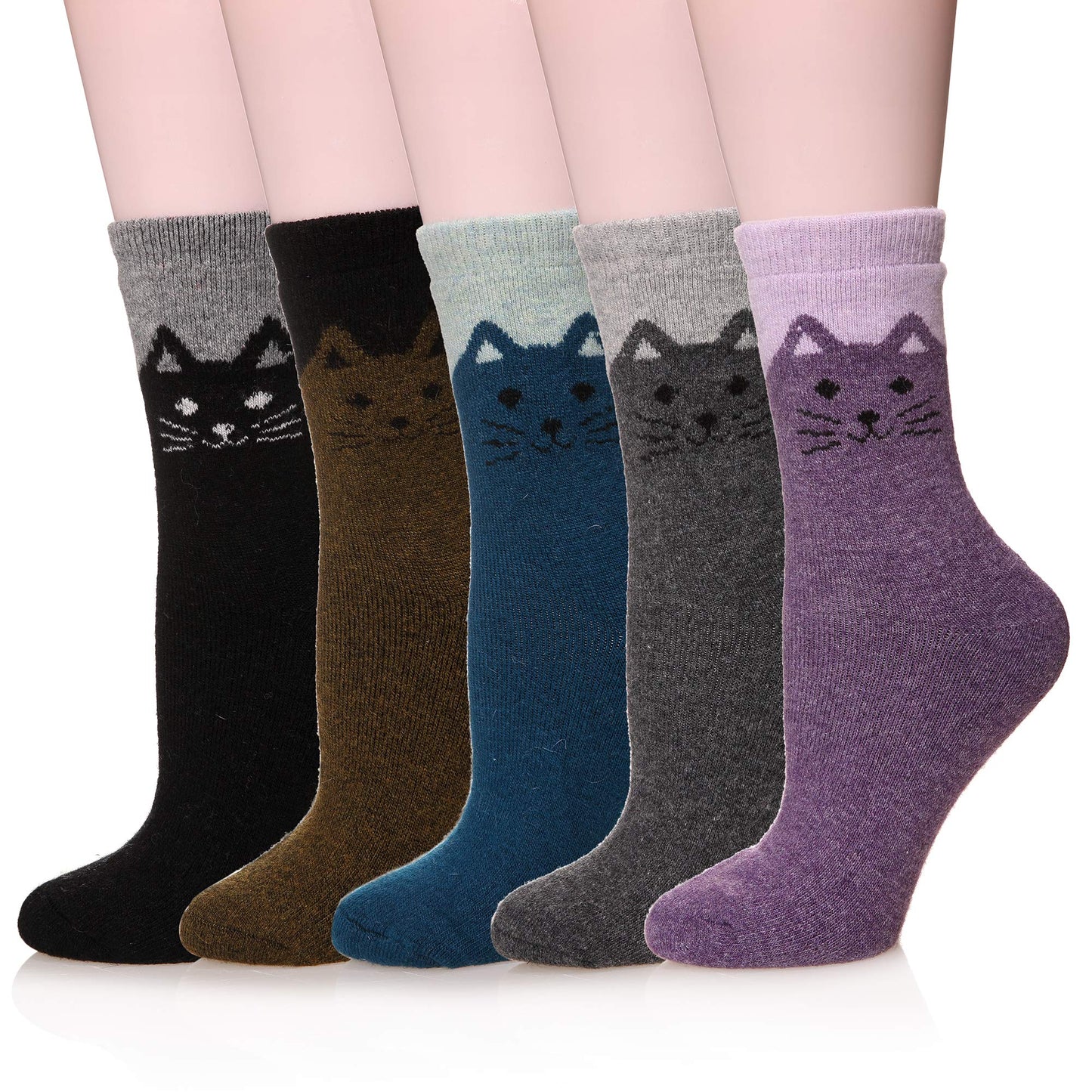 Velice Women Wool Socks Thick Thermal Hiking Warm Winter Crew Cushion Cozy Work Boot Socks 5 Pairs(Cat)