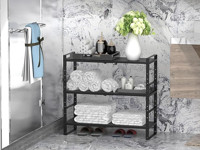 Expandable Stackable Aadjustable Shoe Rack Pantry Shelf for Kitchen Cabinets Counter Shelves Countertop Cupboard Storage Solution,Sturdy Heavy-Duty Metal Construction(1Pack/Black/Large)
