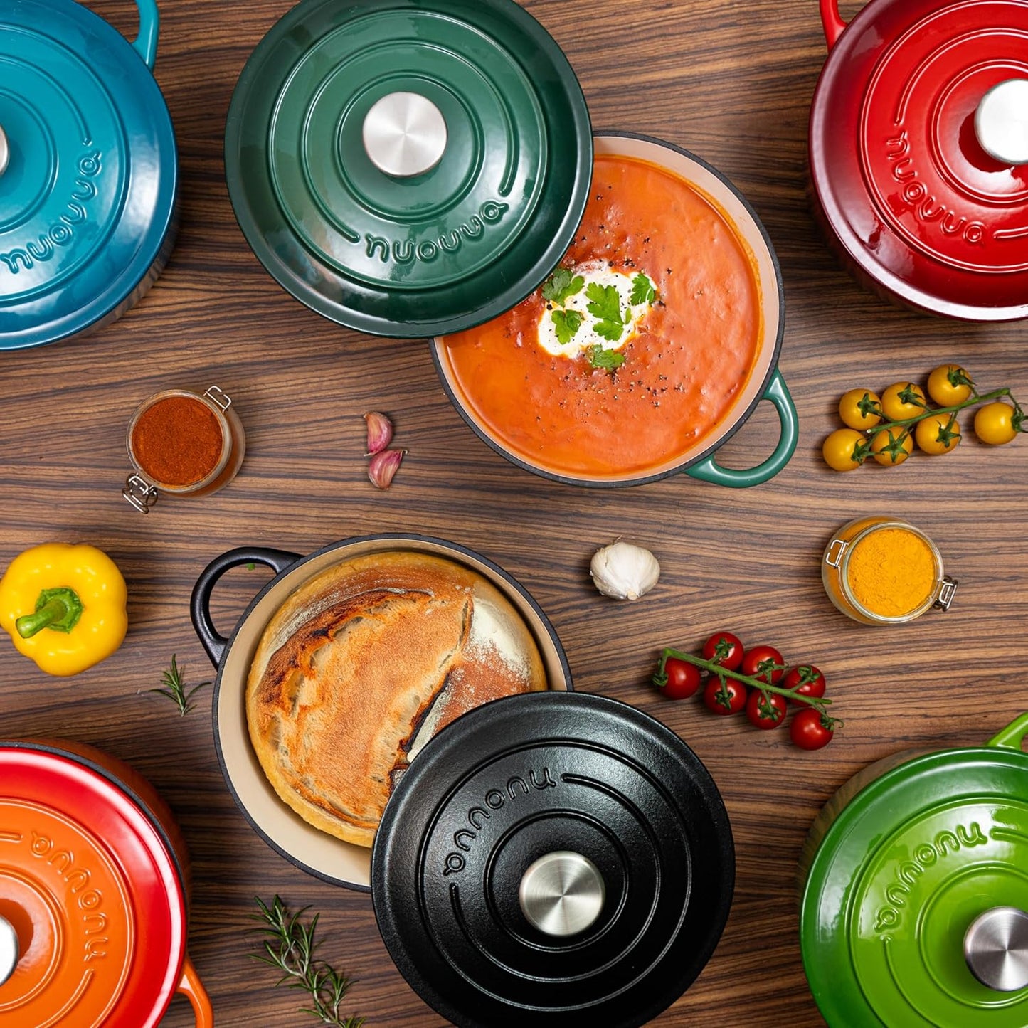 Cast Iron Dutch Oven with Lid – Non-Stick Ovenproof Enamelled Casserole Pot – Sturdy Dutch Oven Cookware – Dark Green, 5-Quart, 24cm – by Nuovva