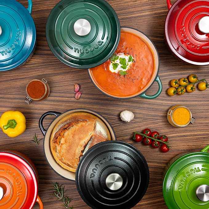 Cast Iron Pot with Lid – Non-Stick Ovenproof Enamelled Casserole Pot, Oven Safe up to 500° F – Sturdy Dutch Oven Cookware – Black, 5-Quart, 24cm – by Nuovva