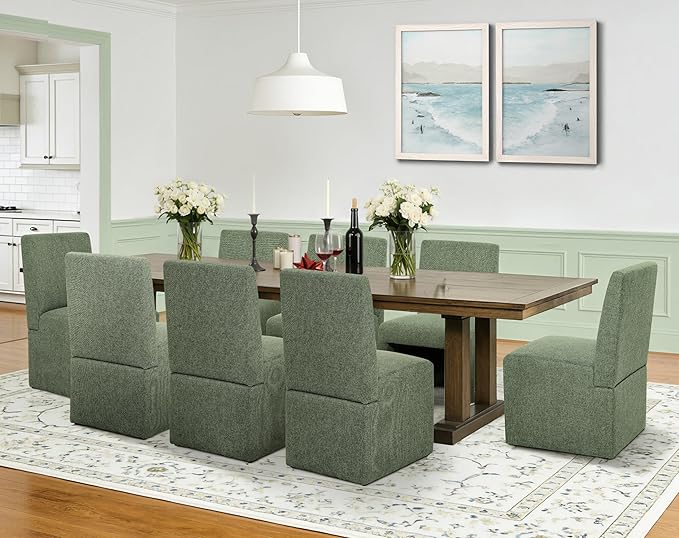 Green Upholstered Dining Chairs Set of 8, Kitchen & Dining Room Chairs, Mid Century Modern Chairs, Linen Dining Chairs with Wooden Frame, Fabric