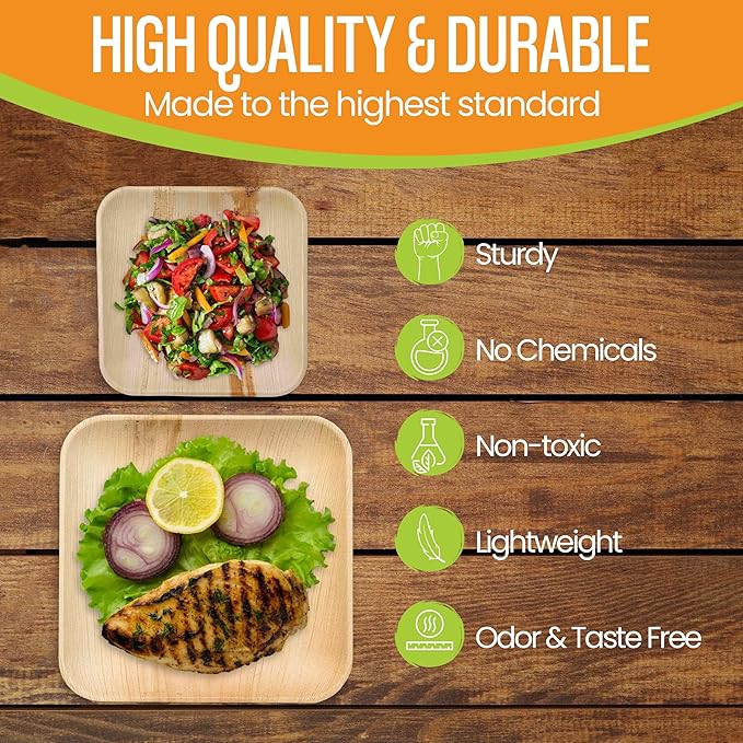 Raj Palm Leaf Plates Bulk [50-Pack] 10" & 7" Square Plates (5 CASES - 250 PACK) like Bamboo plates Disposable, Strong, Decorative Compostable Tableware for weddings, Lunch, Dinners