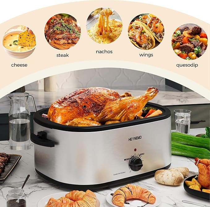 28 Quart Electric Roaster Oven with Visible & Self-Basting Lid, Large Turkey Roaster with Defrost Warm Function, Adjustable Temperature, Removable Pan Rack, Stainless Steel, Silver