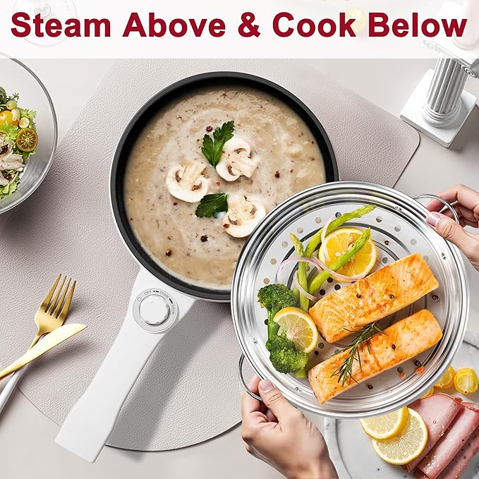 Dezin Hot Pot Electric with Steamer Upgraded, Non-Stick Sauté Pan, Rapid Noodles Electric Pot, 1.5L Mini Pot for Steak, Egg, Fried Rice, Ramen, Oatmeal, Soup with Power Adjustment