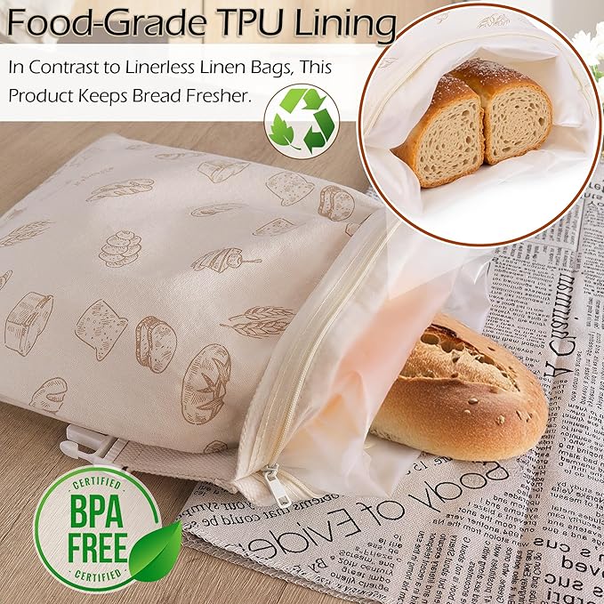 2-Pack Reusable Linen Bread Bags for Sourdough & Homemade Bread, 16"x12.5" Large Bread Container with BPA-Free TPU Lining, Freezer-Friendly Sourdough Bread Keeper Preserving