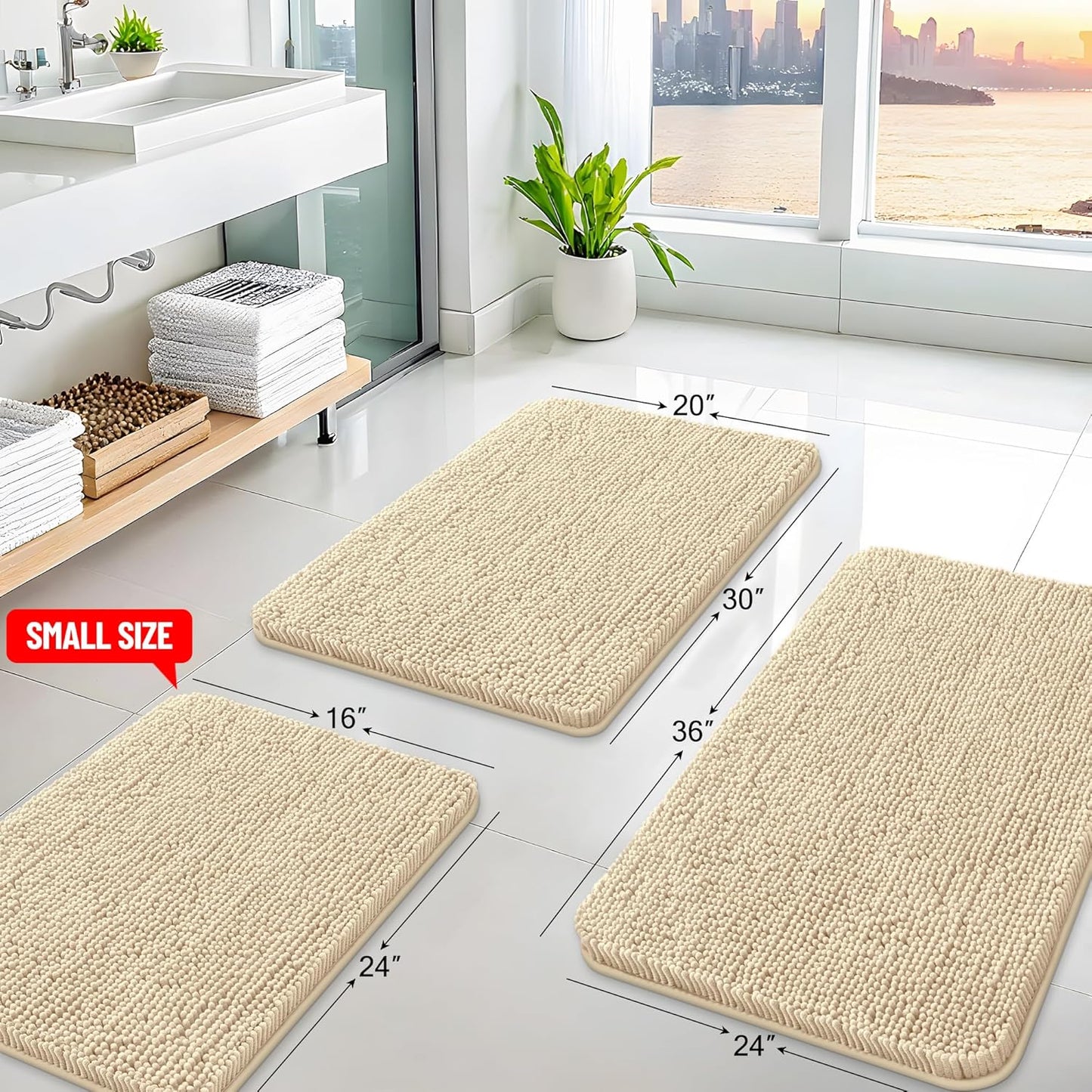 Arotive Bathroom Rugs 34x21, Extra Soft Absorbent Shaggy Chenille Bath Rugs, Machine Washable Rubber Backing Non-Slip Bath Mats for Bathroom Floor Tub and Shower, Home Decor Accessories, Beige
