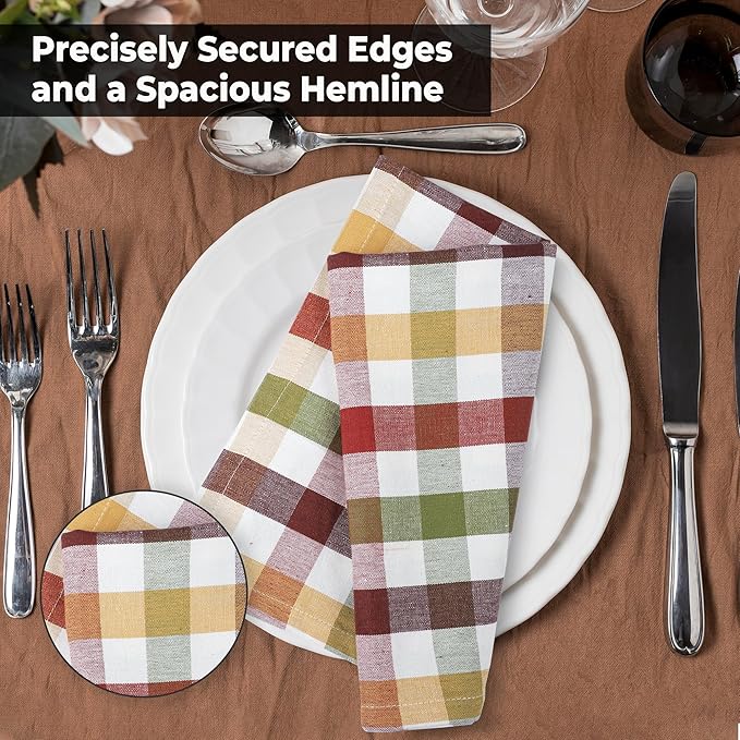 Urban Villa Harvest Cloth Dinner Napkin Set of 6 20x20 inches Fall Checks 100% Cotton Highly Absorbent Durable Reusable Washable Ideal for Farmhouse Thanksgiving Fall Everyday Use Table Napkins