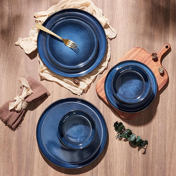 E-far Dinnerware Sets for 4, 12-Piece Stoneware Plates and Bowls Set, Ceramic Dishes Reactive Glaze Dinning Ware, Microwave & Dishwasher Safe - Deep Sea Blue