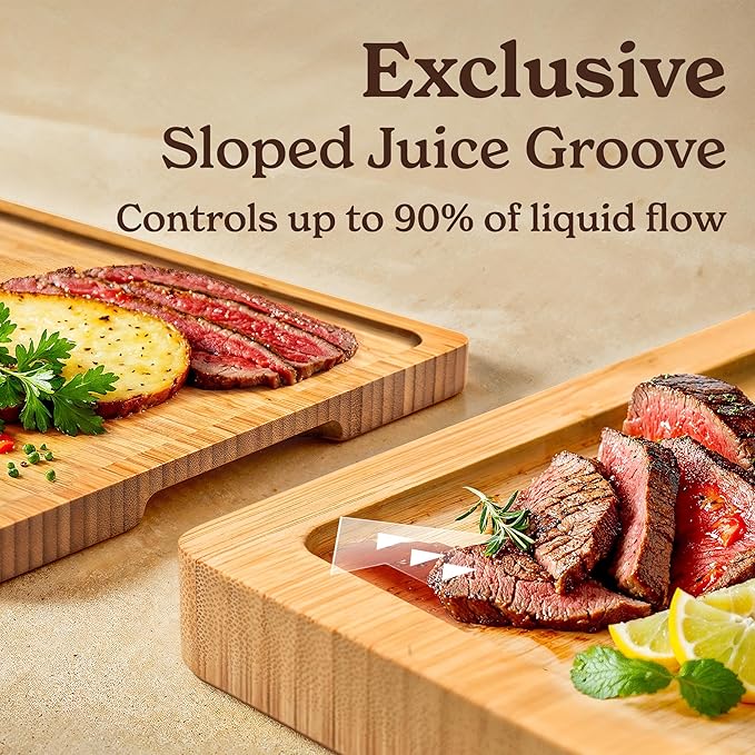 SMIRLY Bamboo Wooden Cutting Boards for Kitchen, Set of 4 Large - Small with Holder, Bamboo Wood Cutting Board Set with Deep Juice Grooves, Non Toxic Serving Tray, Gifts for Women