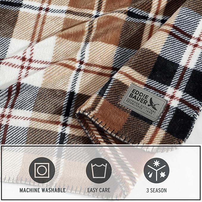 Eddie Bauer - Twin Blanket, Reversible Plush Bedding, Plaid Home Decor, Oeko-Tex Certified (Tralhead Plaid Beige, Twin)