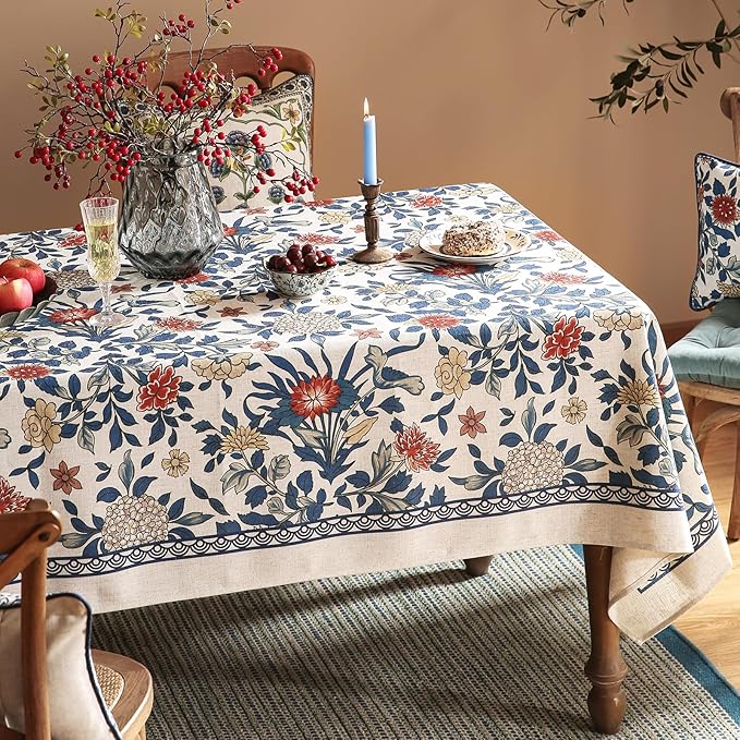 patdrea Designer Blue Small Tablecloth for Rectangle Table,Vintage Linen with Leaves and Floral Pattern Tablecloths,Farmhouse Decor Cover for Kitchen Dining Christmas,Thanksgiving,55"x71"-Ivar a