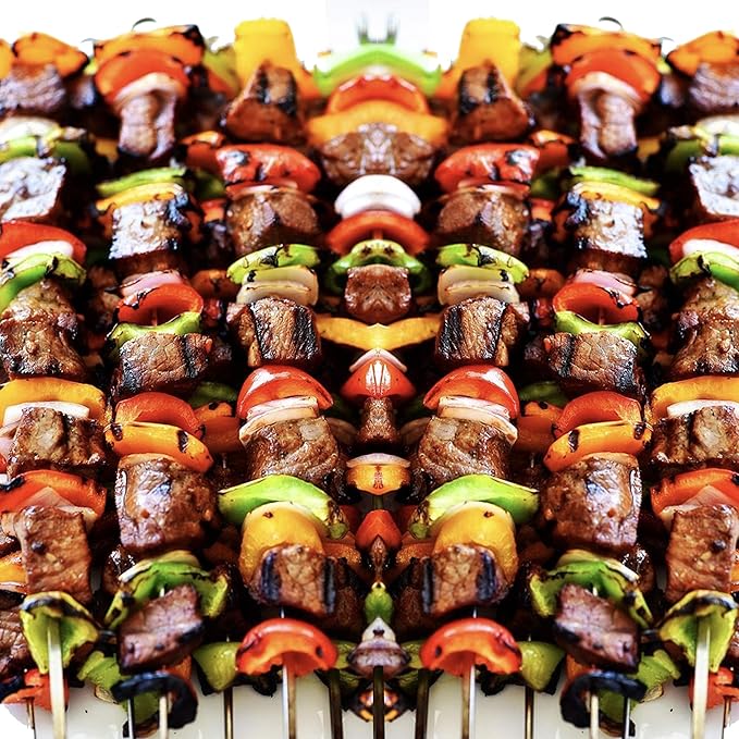 Antallcky 12 Pack Kebab Skewers 23.5 Inch BBQ Barbecue Skewers Stainless Steel Sticks Heavy Duty Large Wide Reusable with Nonslip Wooden Handle Ideal for Shish Kabob Chicken Shrimp and Vegetables