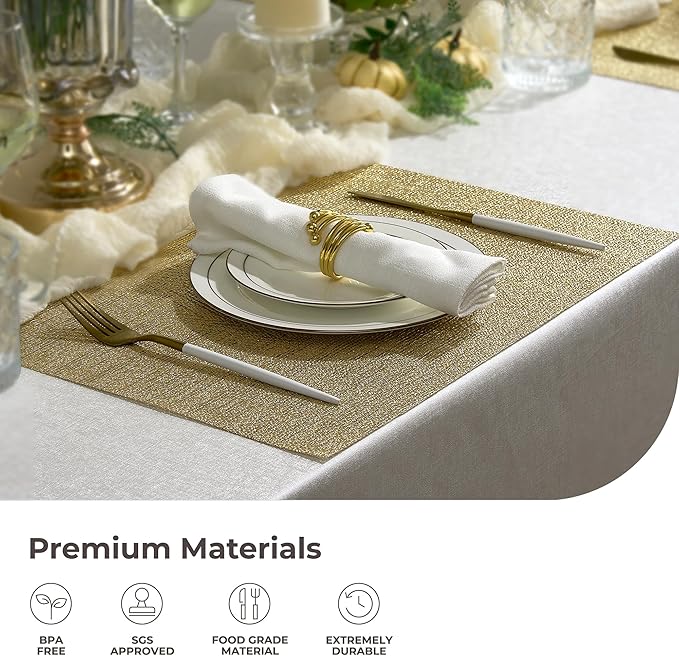 Leetaltree Gold Placemats Set of 12 - Heat Resistant Non-Slip Place mats for Dining Table, Washable Durable PVC Vinyl Woven Table Mats(Luxury Gold, 12)