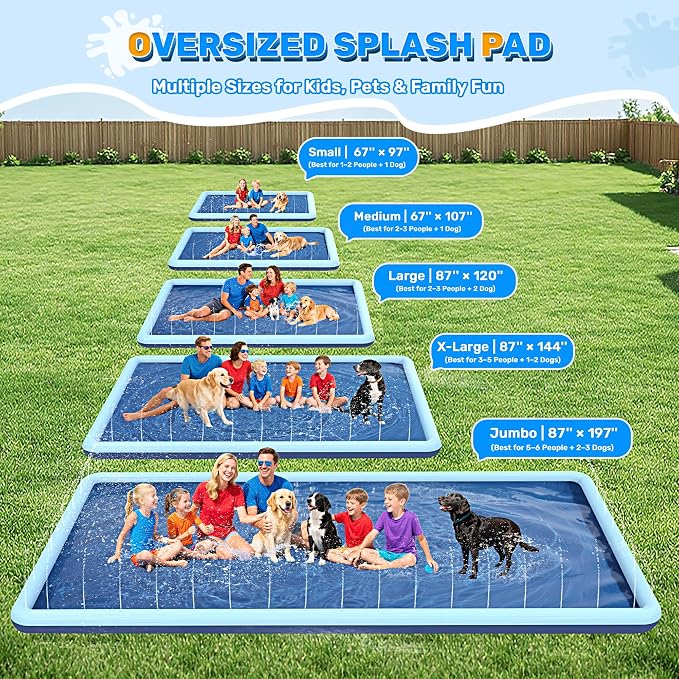144 x 87 in Giant Rectangle Splash Pad for Dogs & Kids, Extra Large Non-Slip Sprinkler Pool, Shallow Water Play Mat for Backyard Family Water Fun, Teal