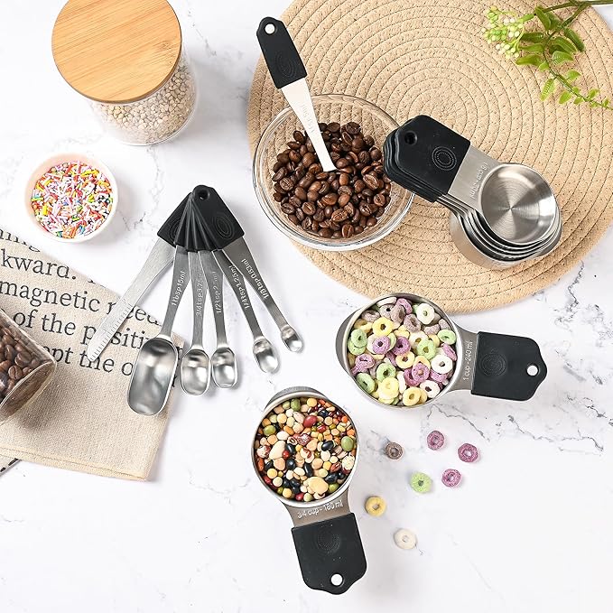 Magnetic Measuring Cups and Spoons Set 14, Stainless Steel Measuring Cups and Spoons Set, Heavy Duty Metric Measuring cups & Spoons with Leveler for Baking & Cooking, Black