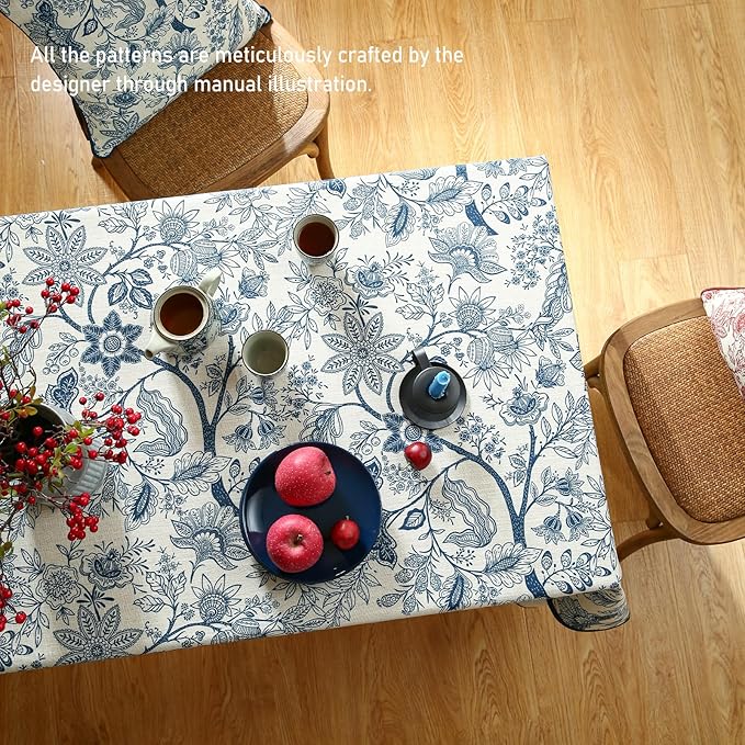 ISAENNE Designer French Linen Small Rectangular Tablecloth,Blue Floral Washable Indoor Table Cloth,Durable Home Decor Tablecloths for Dining Thanksgiving Kitchen Party Christmas,55"*71"-Ruyi B
