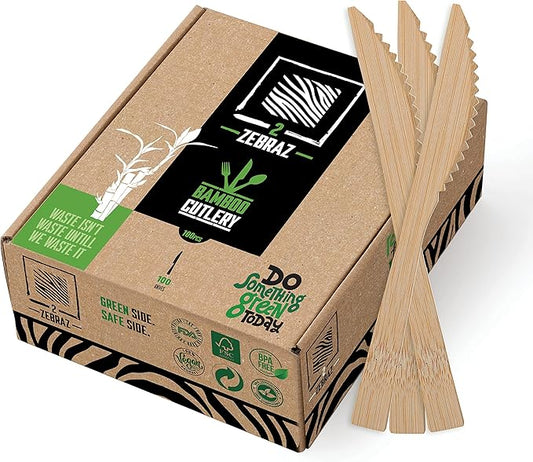 100% Bamboo Cutlery - Disposable Utensils, Reusable, Smooth Biodegradable Silverware 100 Set (100 Knives), Compostable Durable Flatware in a Premium Box