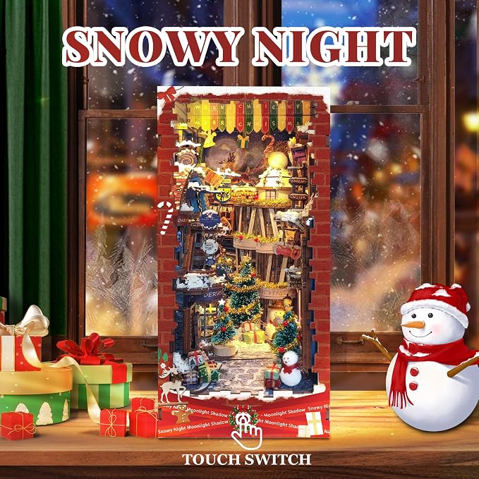 DIY Book Nook kit - Christmas Style Miniature House Kit Bookshelf Insert Decor, 3D Wooden Puzzle with LED Dust Cover, Gift for Adults Teens Birthdays - Christmas Snow Night