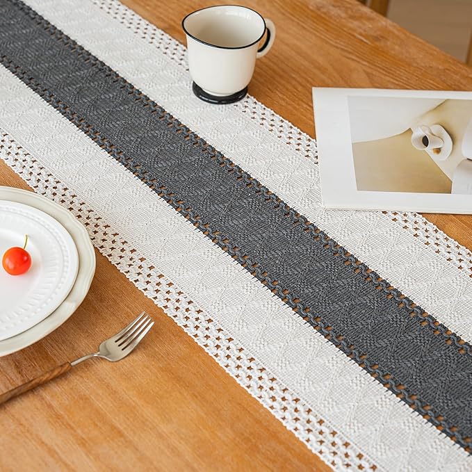FEXIA Boho Table Runner for Christmas Home Decor with Tassels 72 Inches Long Farmhouse Grey Rustic Table Runner Macrame Burlap Table Decoration for Living Room Bridal Shower(12x72 Inches)
