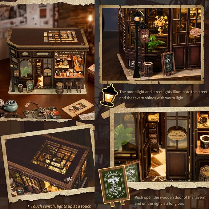 ISSEVE Book Nook Kit - DIY Miniature House Kit for Adults, Teens and Beginners, Corner Tavern Dollhouse Booknook Tiny House Bookshelf Decor 3D Wooden Puzzle, Gifts for Friends Family (Corner Tavern)