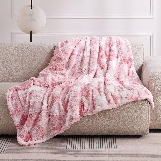 Bedsure Sherpa Blanket Twin Size - Soft, Fuzzy & Fluffy Faux Fur - Warm, Cozy Blanket for Couch, Sofa and Bed, Tie Dye Design, Pink, 60x80 Inches
