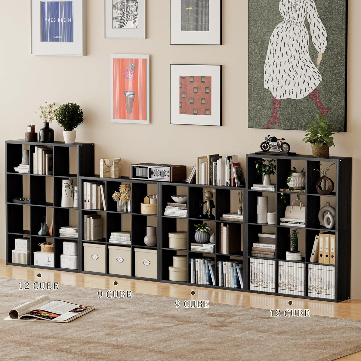 Cube Storage Organizer Bookcase, Decorative 11 inch Open Back Cubical Shelf with Thickened Border, Display Bookshelf for Living Room, Home Office, Sturdy Room (Black, 9 Cube)