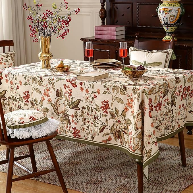 ISAENNE Designer Bohemian Linen Extra Long Rectangle Tablecloth,Colorful Floral Pattern Table Cloth,Wrinkle Resistant Decorative Tablecloths for Dining Thanksgiving Kitchen,63"*110"-Grace A
