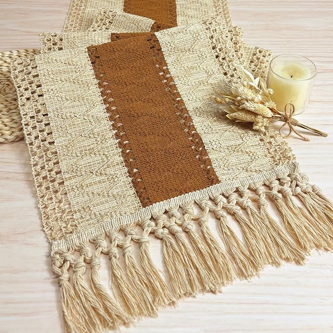 FEXIA Boho Table Runner 48 Inches Long Thanksgiving Decor with Tassels Farmhouse Style for Party Wedding Baby Bridal Shower Dining Decor Middle Brown (12x48 Inches)