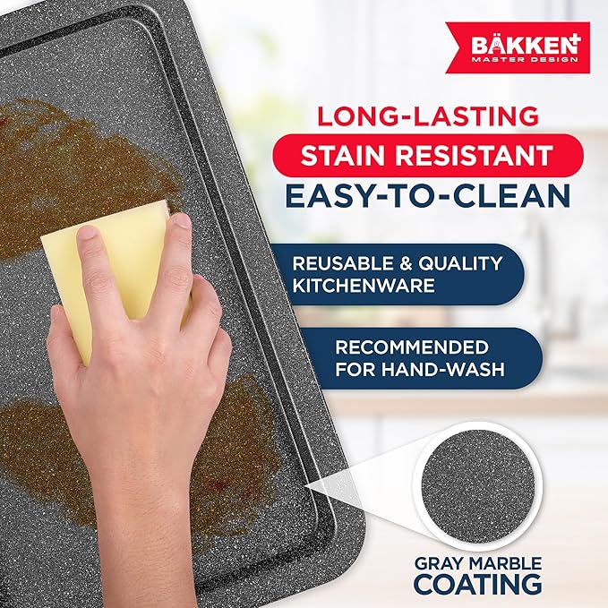 BAKKEN 3-Piece Kitchen Baking Pans - Small, Medium, and Large Cookie Pan, With Nonstick Coating, Stackable and Space-saving Design, PFOA, PFOS, PTFE Free, Oven Safe Tray (Up To 450°F), Gray Marble