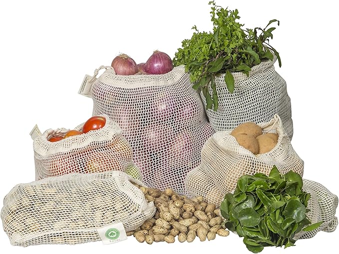 Reusable Mesh Vegetable Bags of 100% Organic Cotton - 6 Pieces Perfect Net Produce Bags - Eco-friendly, Bio-degradable & Washable Fruit, Vegetable & Produce Sacks (3 Medium, 3 Small)
