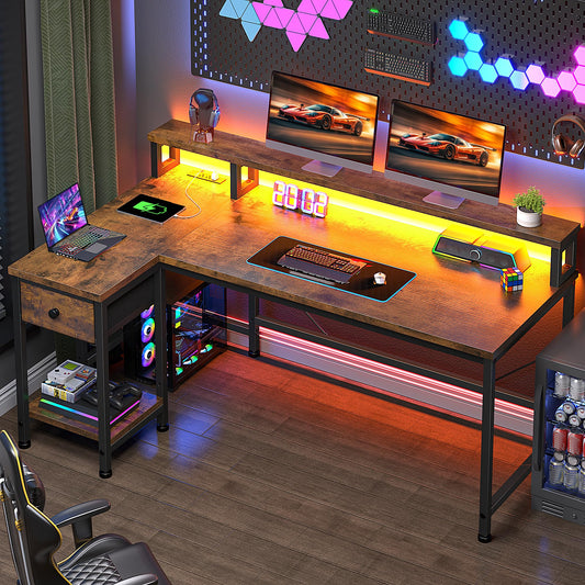 DurayLoly Gaming Desk with LED & Power Outlet, 48" L Shaped Small Computer Desk with Drawers Reversible Corner Desks with Monitor Stand Office Desks for Gaming Room,Home Office,Bedroom,Rustic Brown