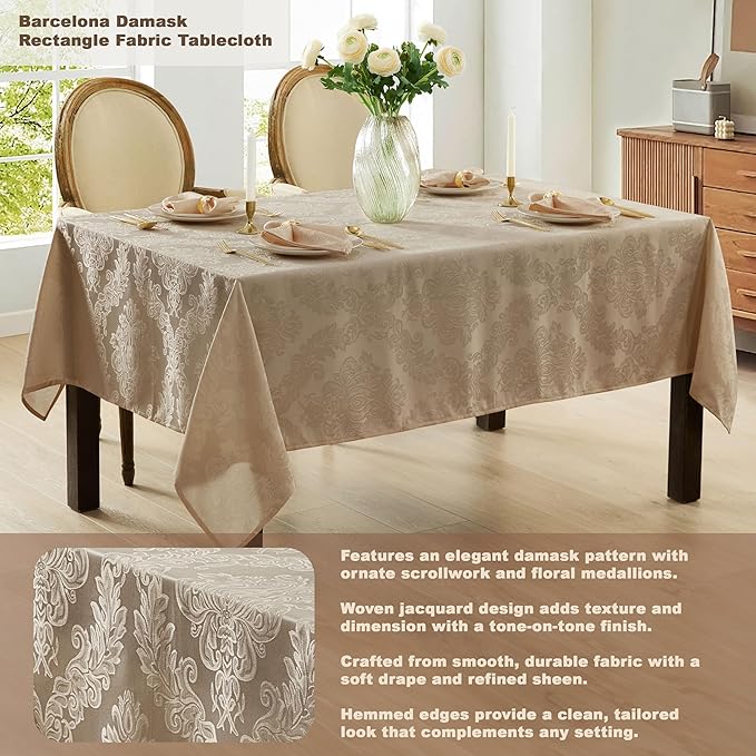 Newbridge Barcelona Luxury Damask Fabric Tablecloth, 70” Extra Wide x 168” Rectangle, Golden Beige, 100% Polyester, No Iron, Soil Resistant Dining Room, Party and Banquet Table Cover