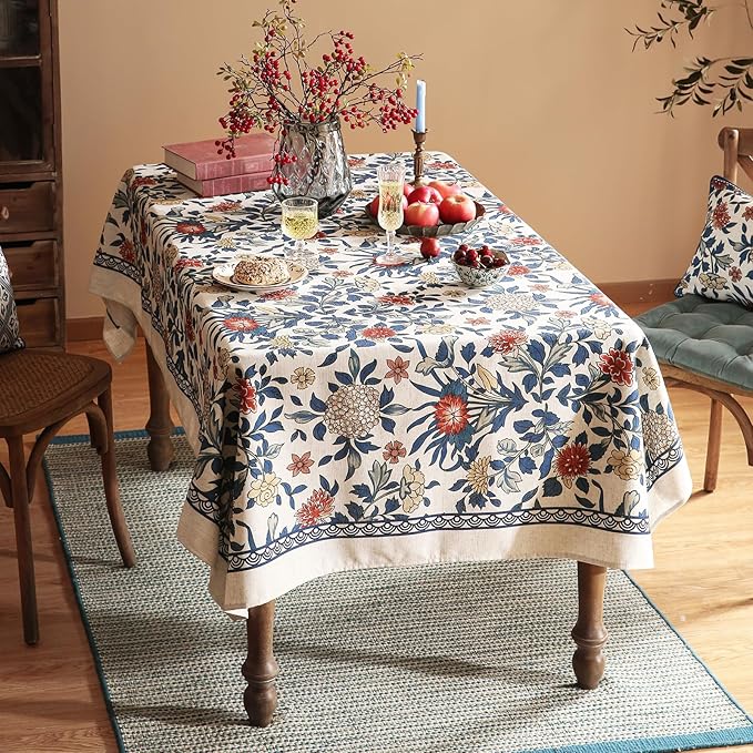 patdrea Designer Blue Tablecloth for Rectangle Table,Vintage Linen with Leaves and Floral Pattern Tablecloths,Farmhouse Decor Cover for Kitchen Dining Christmas,Thanksgiving,63"x87"-Ivar a
