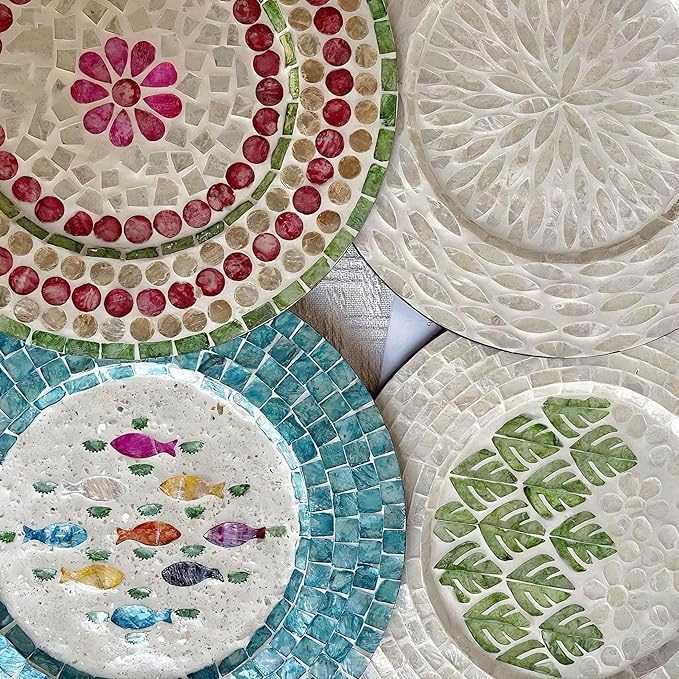 13 Inch Mother of Pearl Shell Placemat Plate – Large Round Decorative Heat for Table or Kitchen,Cabinet, Tabletop (Blue Colored Fish, 13 Inch)