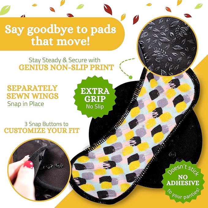 Non-Slip Organic Reusable Period Pads for Heavy Flow & Incontinence (L+XL, 6-Pack); High-Temp Viscose Washable Cloth Pads for Women; Non-Irritating, Soft Reusable Pad Menstrual for Comfortable Care