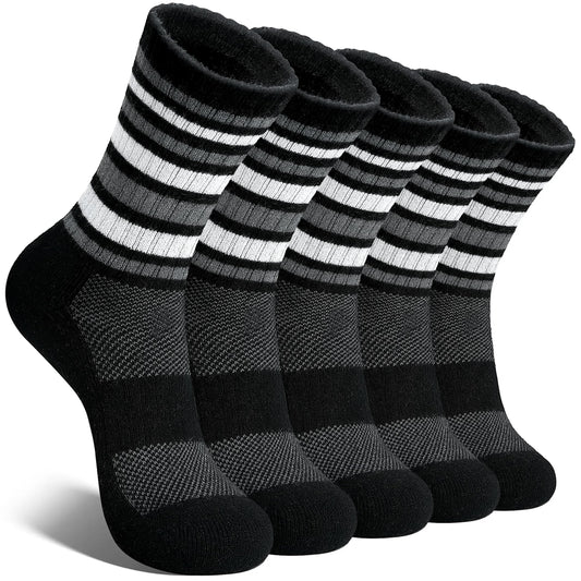 EBMORE Womens Merino Wool Hiking Socks Thermal Warm Winter Boot Crew Cushion Work Gift Socks 5 Pairs(Striped-Black,M)